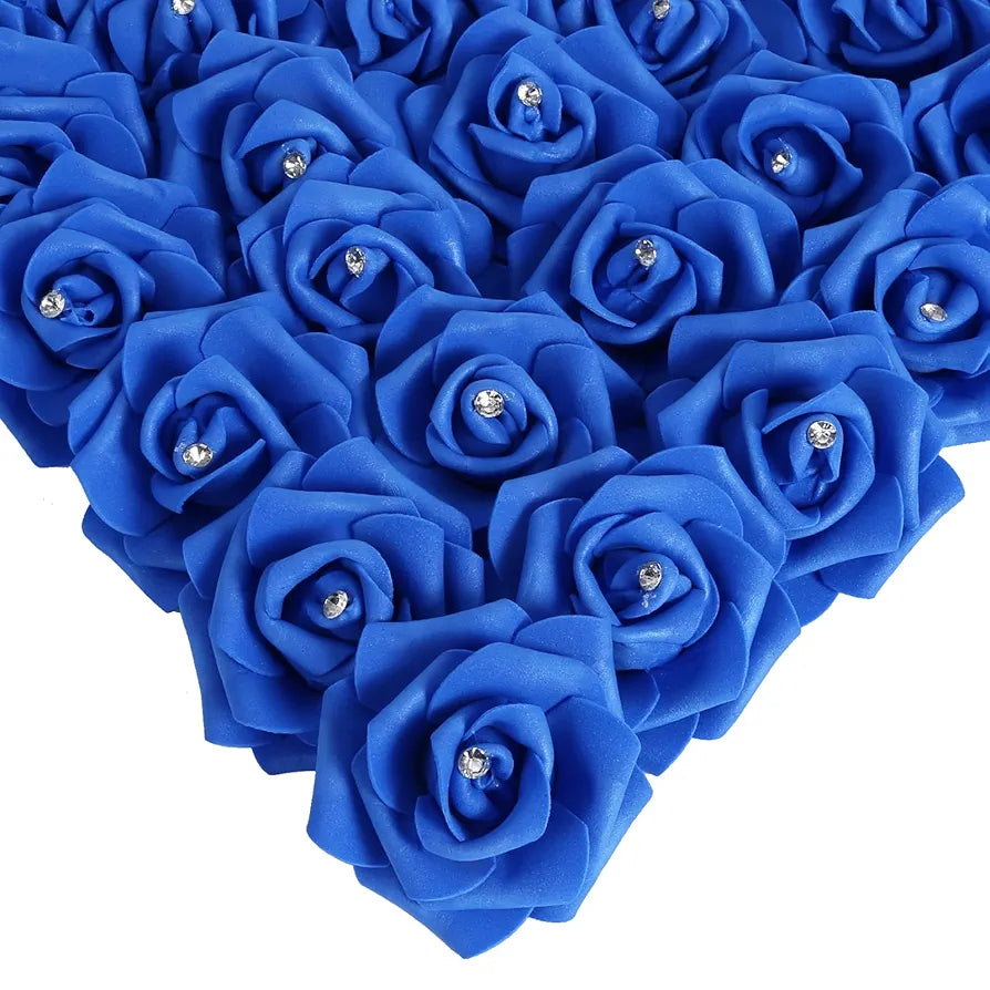 100pcs Royal Blue Artificial Rose Heads with Crystal 3in Real Looking Foam Fake Roses
