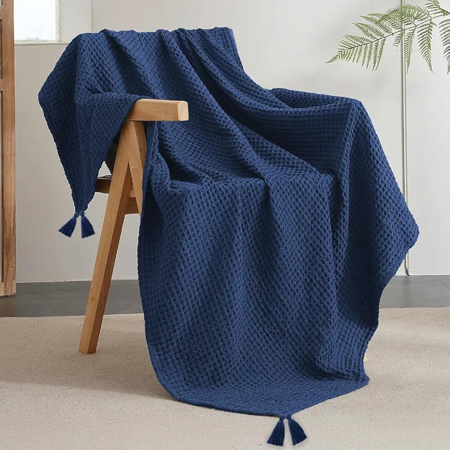 Urban Space Cotton Waffle Throw Blanket, Soft Decorative Throw for Living Room, Sofa, Chair and Couch, Handmade,Reversible and Breathable Throw Waffle Navy Blue