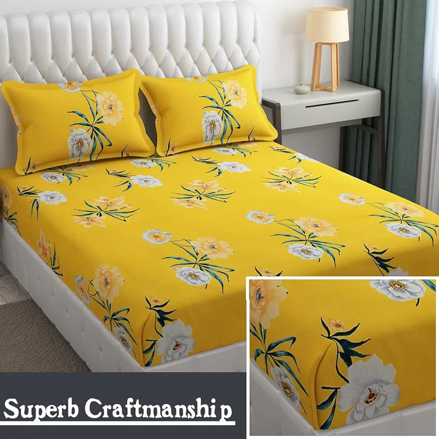 Fresh From Loom Double Bed Floral Design Microfiber King Bedsheet Bedcover Wrinkle Free Includes 2 Pillow Covers 144 TC Peach Yellow