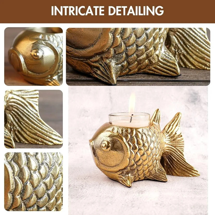 BEHOMA Aluminium Fish Figurine for Good Luck and Success | Candle Holder for Home Dcor Tabletop Living Room | Showpiece for Valentine's Day, Birthday , Gold