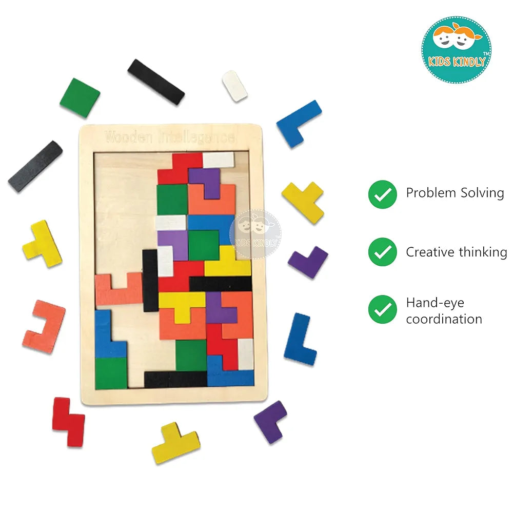 KIDS KINDLY Wooden Jigsaw Puzzle, Tetris Board Game, Monteszori Toys for Preschoolers, Multicolour, Age 3+
