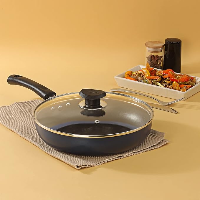 Vinod Zest Aluminium Non Stick Deep Frypan with Glass Lid - 22 cm | 3 Layer Ceramic Coating | 3 mm Extra Thick