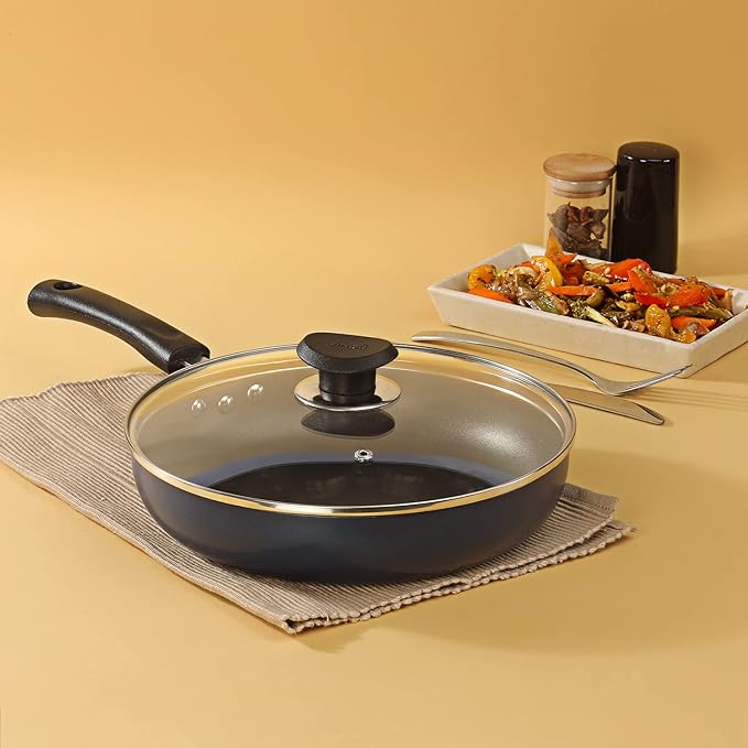 Vinod Zest Aluminium Non Stick Deep Frypan with Glass Lid - 28 cm | 3 Layer Ceramic Coating | 3 mm Extra Thick