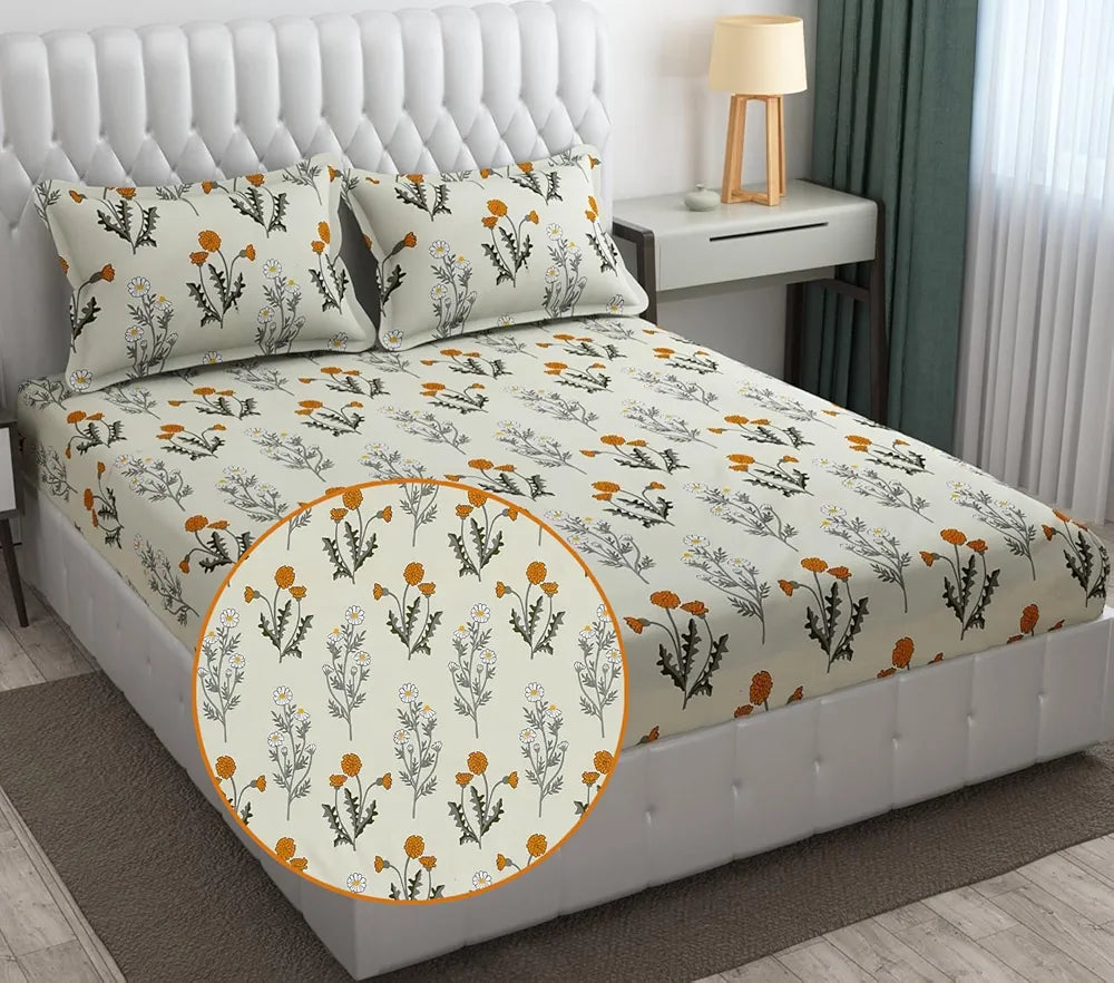 Fresh From Loom Fitted King Size Bedsheet Set Anti Fade 240 TC 2 Pillow Covers Pink Floral Design