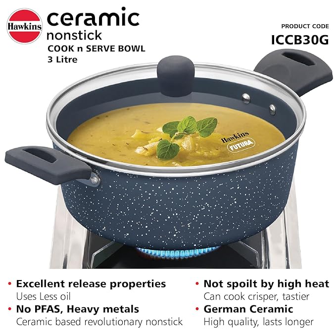 Hawkins Ceramic Nonstick Cook n Serve Bowl with Glass Lid 3 Litre Induction