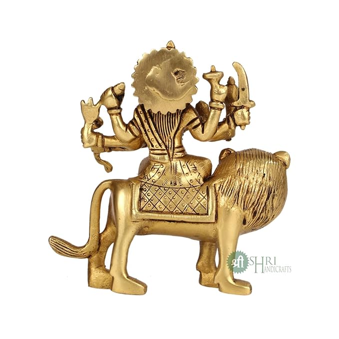 Indicast Brass Maa Durga Idol Sitting on Lion Maa Sherwali Murti for Home Mandir Office Navratra Puja | Height 13 Cms