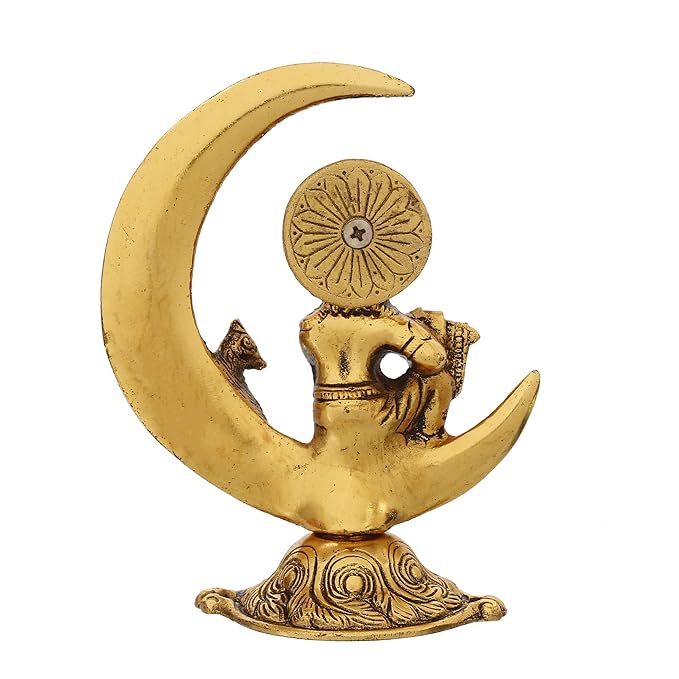 Ecraftindia Golden Metal Handcrafted Lord Krishna Idol Playing Flute and Sitting on Half Moon Decorative Showpiece