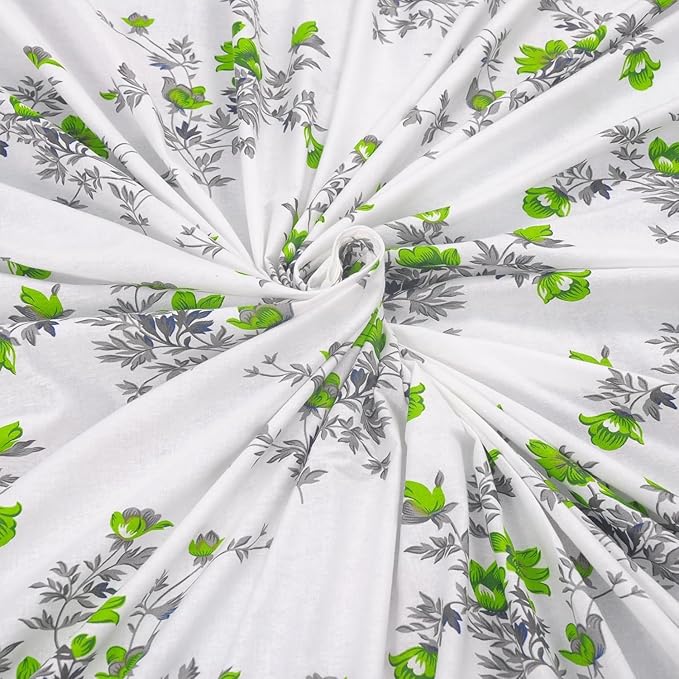Huesland by Ahmedabad Cotton 144 TC Cotton Bedsheet for Double Bed King Size with 2 Pillow Covers | White, Green & Grey