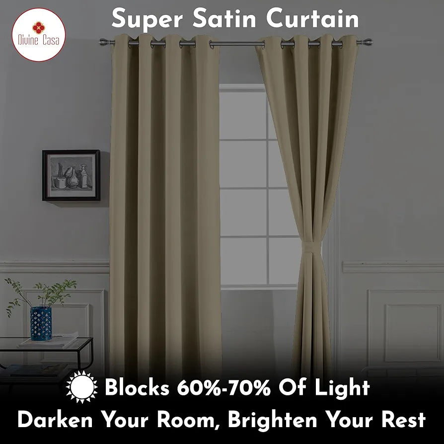 Divine Casa Super Satin Blackout Door Curtains Solid Panels for Complete Light Block Size 7 Feet Colour Deep Brown (Pack of 2)