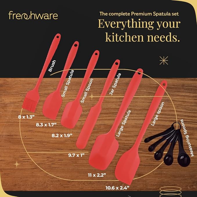 Frenchware Set of 6 With Measuring Tablespoons, Red | Non-stick Premium Silicone Spatula for Cooking, Baking & Mixing | Dishwasher Safe