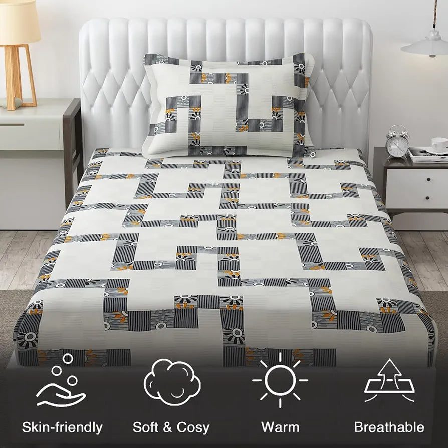 Fresh From Loom Microfiber Bedsheet for Single Single Size Bed Floral Design Bed Spread with 1 Pillow Covers 144 TC White Grey