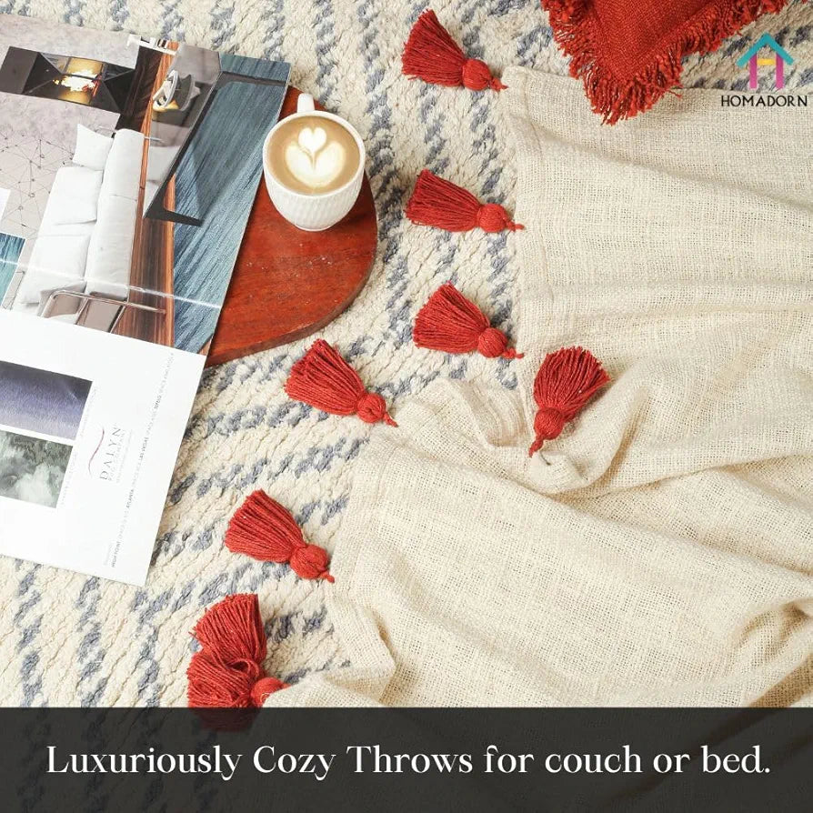 Homadorn 100% Cotton Off White Throw Blanket with Handmade Colorful Tassel Colour Rust