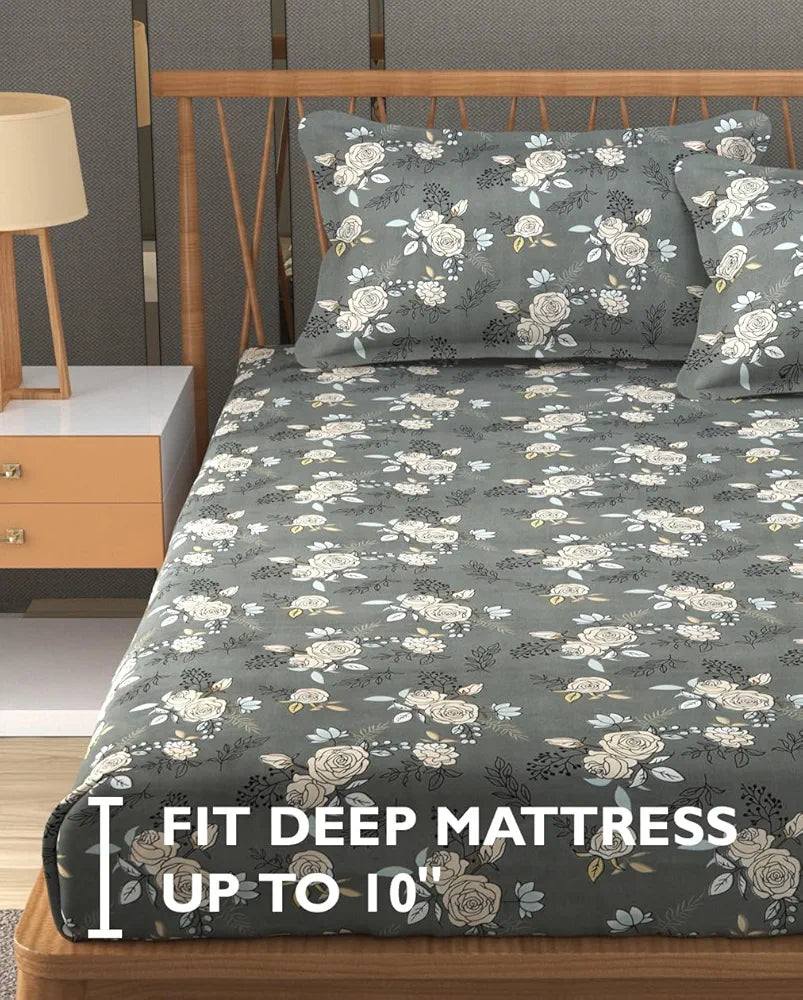 Fresh From Loom King Size Microfiber Fitted Bedsheet Set with Floral Print 240 TC Anti Fade 2 Pillow Covers Rose Oslo Grey