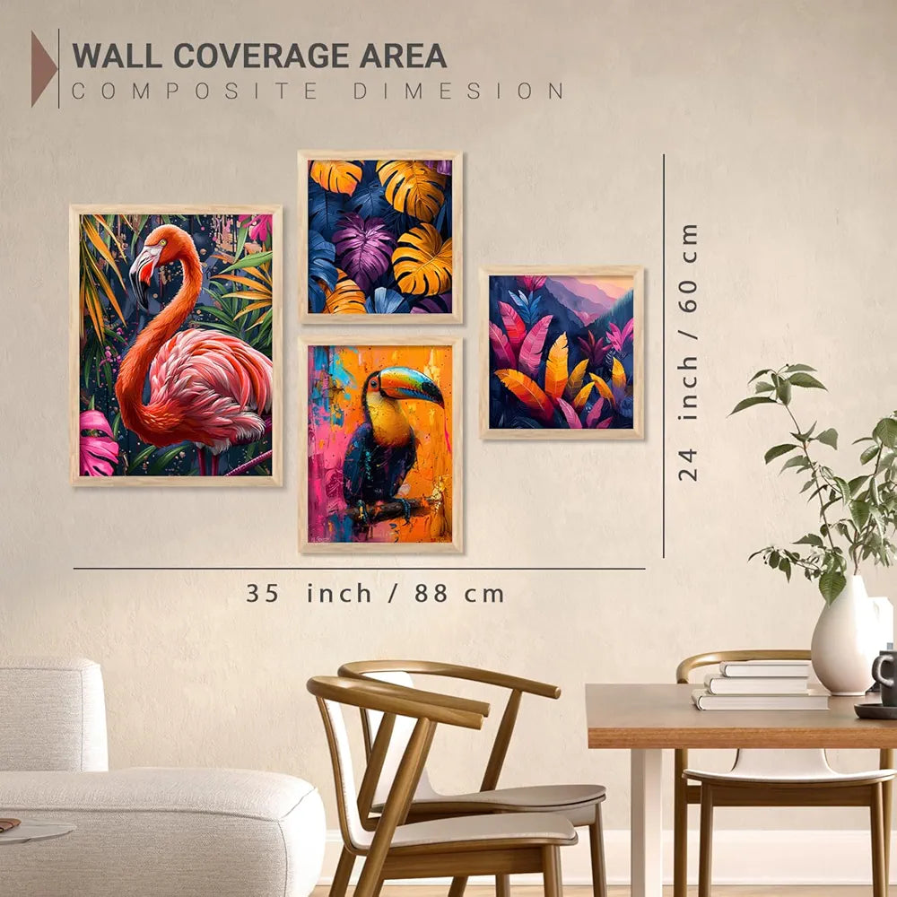 Kotart Nature Inspired Beautiful Flamingo and Botanical Leaf Paintings of 4 frames H