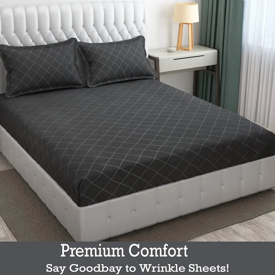Fresh From Loom Microfiber King Size Double Geometric Bedsheet Hypoallergenic Wrinkle Free Bed Sheets with 2 Pillow Covers 144 TC Grey Barfi