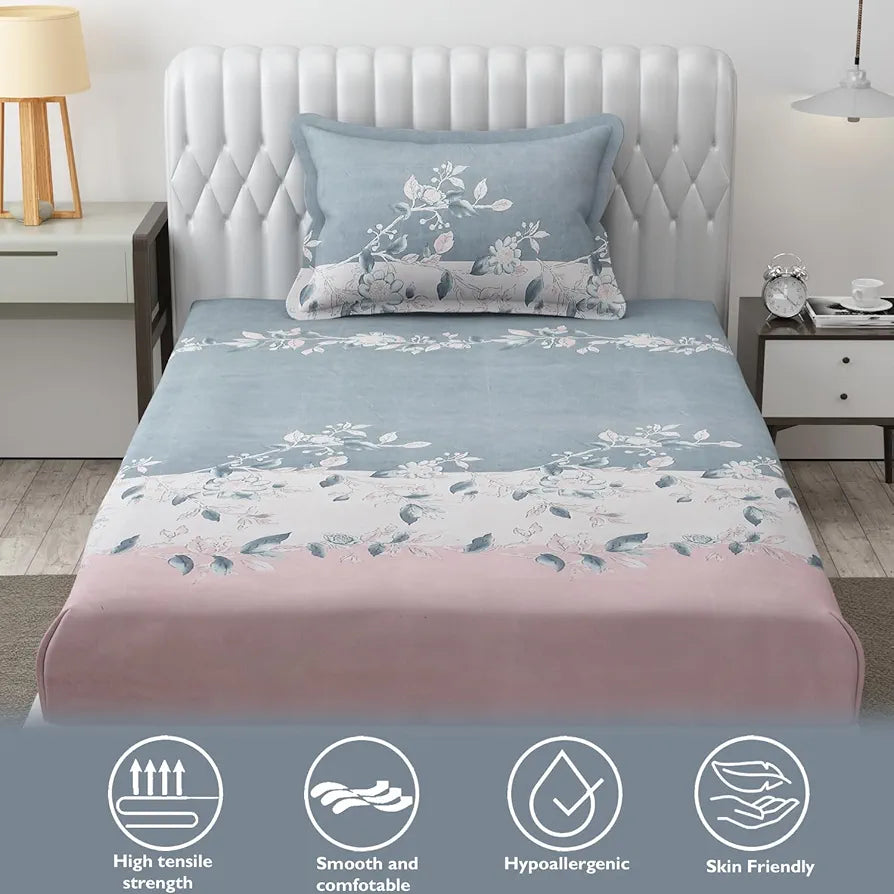 Fresh From Loom Single Bed Floral Print Microfiber Bedsheet Set 240 TC Anti Fade Includes 1 Pillow Covers Walnut-Grey