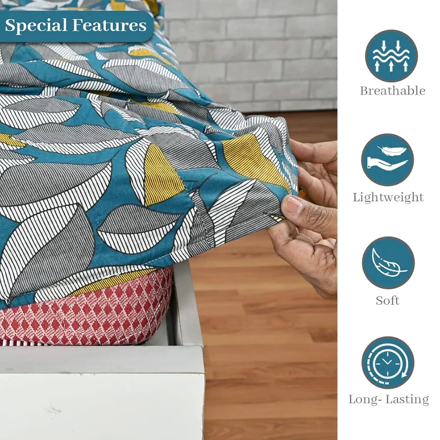 Divine Casa Floret 100% Cotton Double Fitted Bedsheet 144 TC Colour Woody Petals