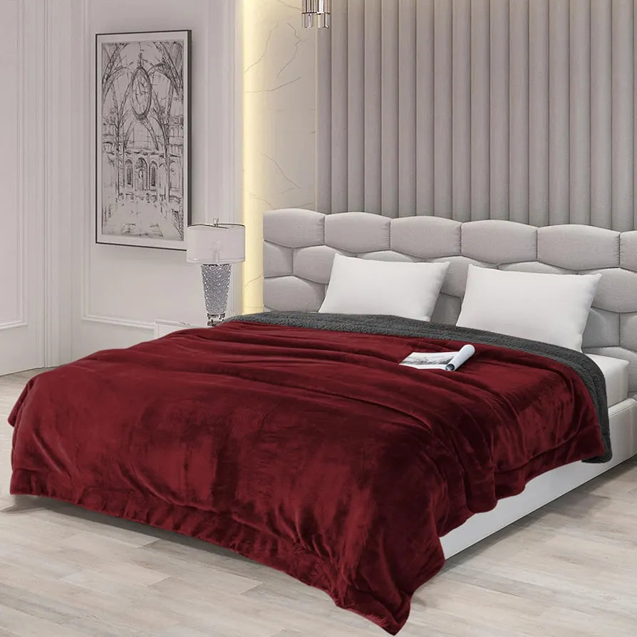 Cloth Fusion Fleece Sherpa Blanket for Winter Single Bed Soft Quilt Blanket Maroon Colour