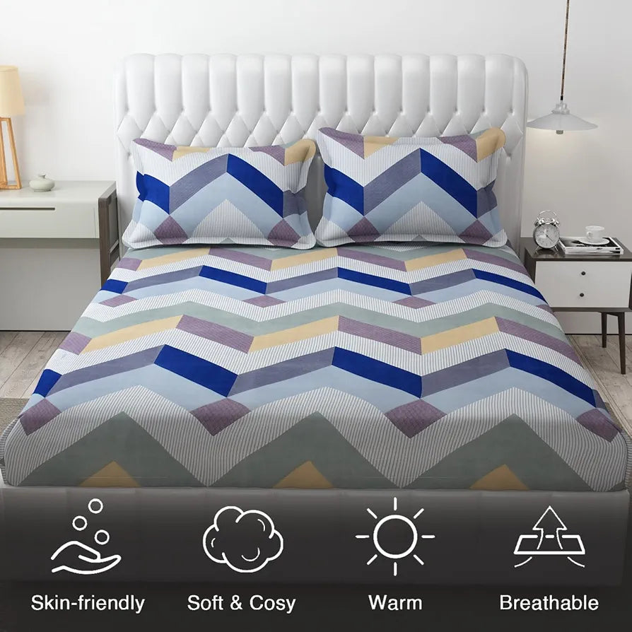 Fresh From Loom Microfiber King Size Bedsheet for Double Bed Floral Design Bed Spread with 2 Pillow Covers 144 TC Blue Grey