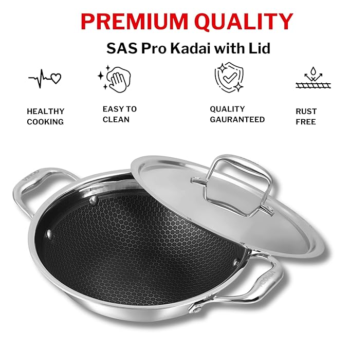 Vinod SAS Pro Platinum Triply Stainless Steel Non Stick Kadhai with Lid - 1.8 Litre, 22 cm | Ceramic Coating | Honeycomb Design Induction Base