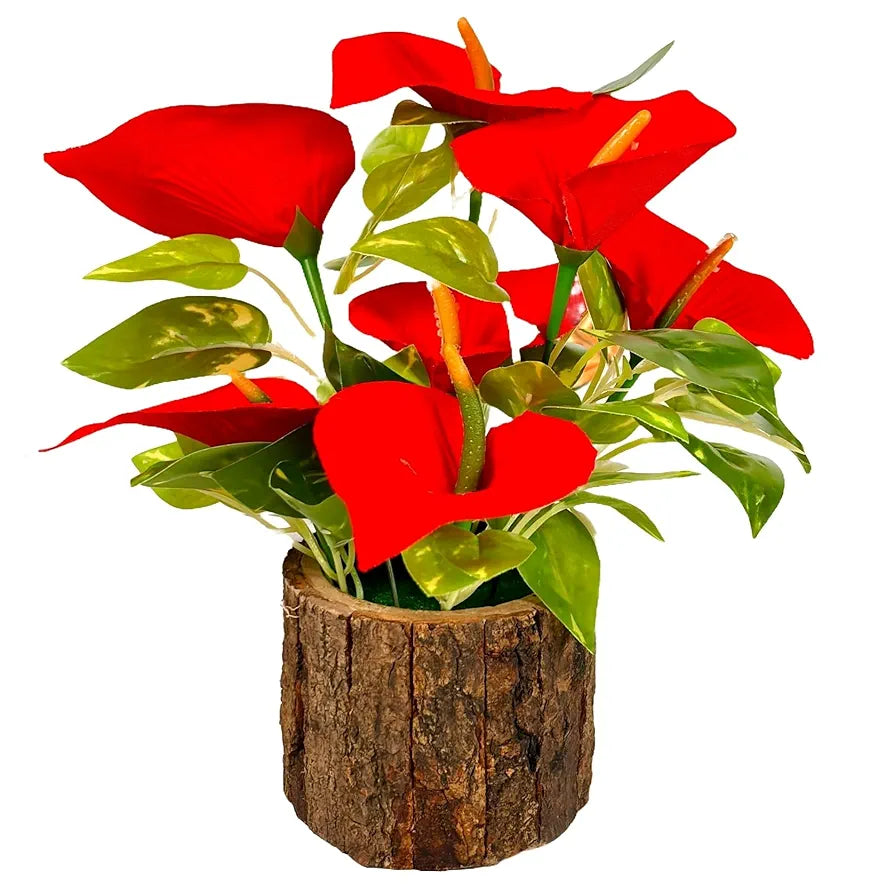 Artificial Anthurium Fake Flowers Potted Artificial Plants Indoors Natural Wooden Pot