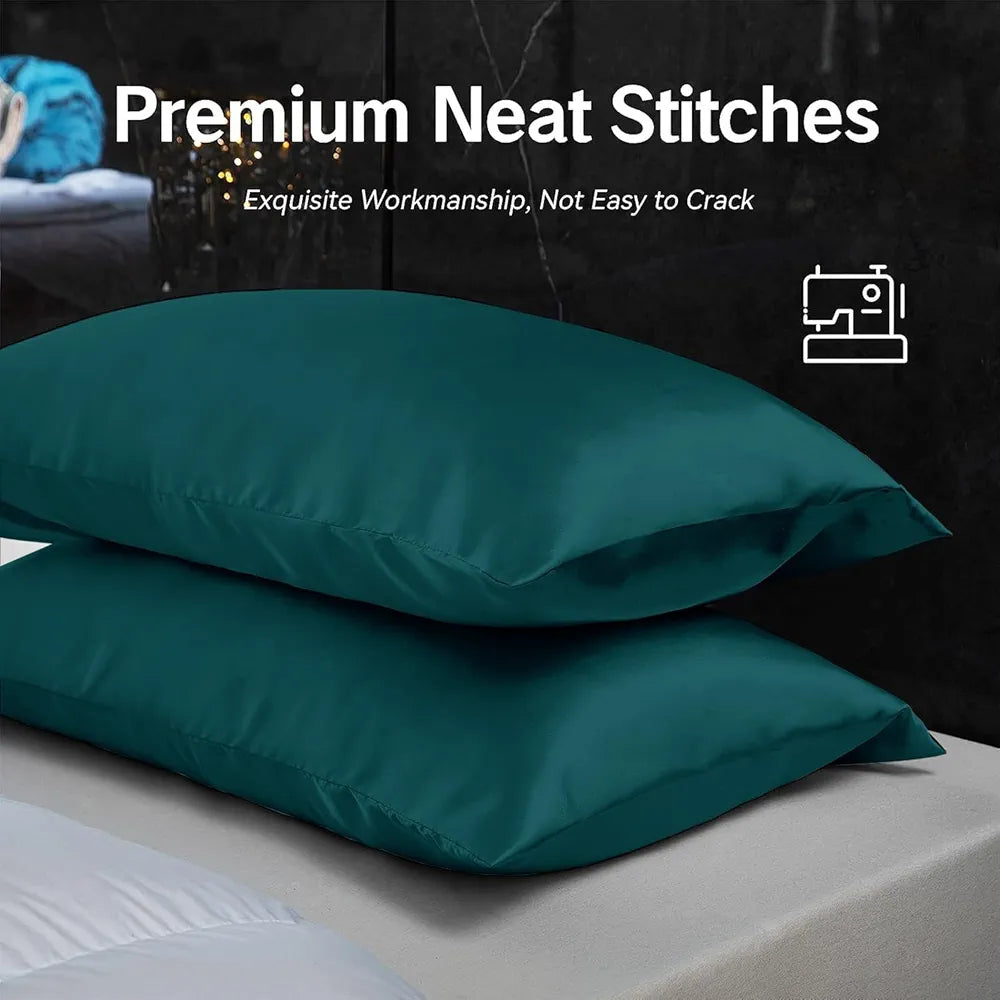 Cloth Fusion Satin Pillow Cover Set of 2 Pillow case with 3 Satin Soft Scrunchies Peacock Green
