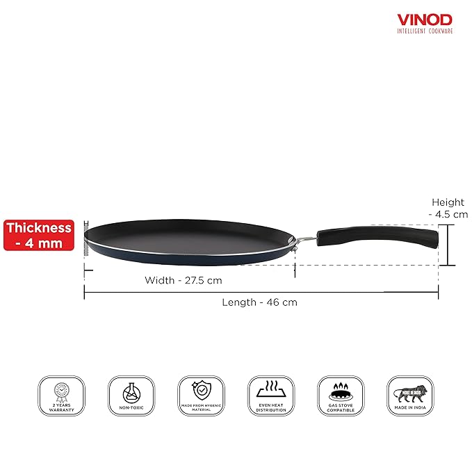 Vinod Zest Aluminium Non Stick Dosa Tawa - 28 cm | Flat Bottom Tawa | 5 mm Extra Thick | 3 Layer Ceramic Coating