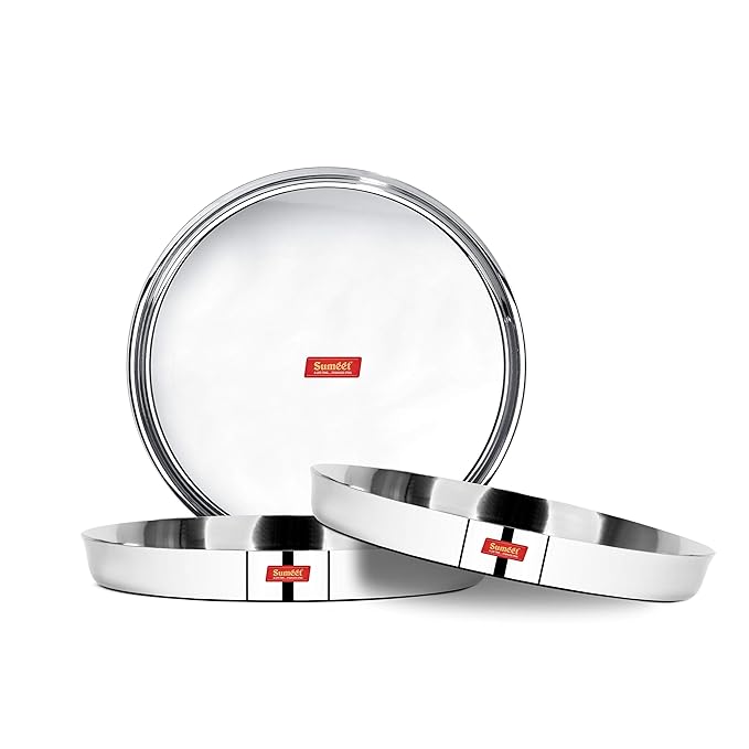 Sumeet 22 Gauge Stainless Steel Traditional Dinner Plate/Thali 28.5 Cm Set of 3pc