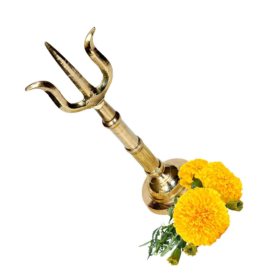Anciently Brass Trishul on Stand | Brass Thirisoolam on Stand | Brass Soolam on Stand 7 Inches Height, Gold Colour