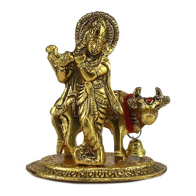Ecraftindia  Lord Krishna Playing Flute With Golden Cow Showpiece | Metal | Golden
