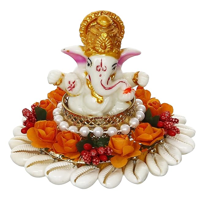 Ecraftindia Polyresin Lord Ganesha Idol on Shells and Orange Floral Decorative Handcrafted Plate
