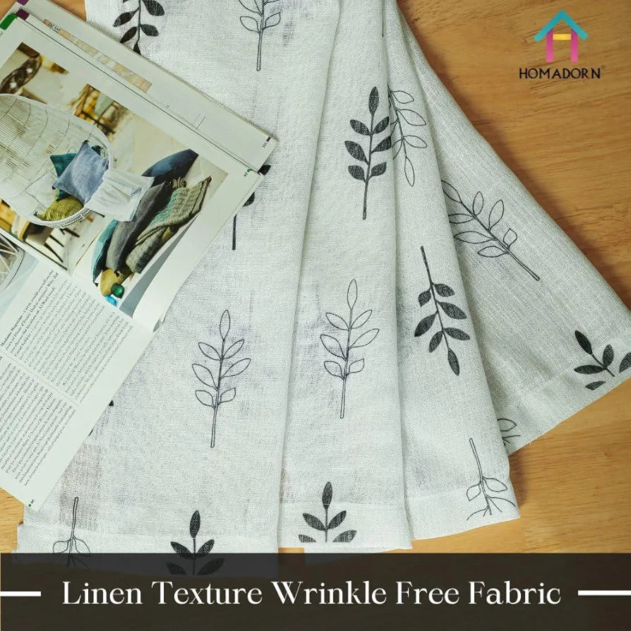 Homadorn Linen Sheer Printed Semi Transparent Curtains for Window Set of 2 Black Foliate
