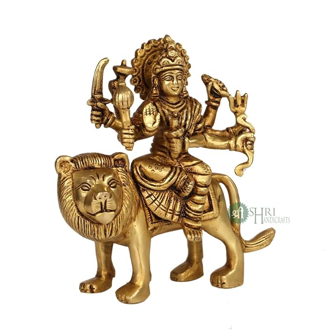 Indicast Brass Maa Durga Idol Sitting on Lion Maa Sherwali Murti for Home Mandir Office Navratra Puja | Height 13 Cms