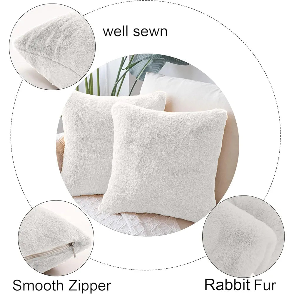 Luxe Home Cushion Cover Duble Side Rabbit Fur Plain Design Covers Set of 2 Colour White