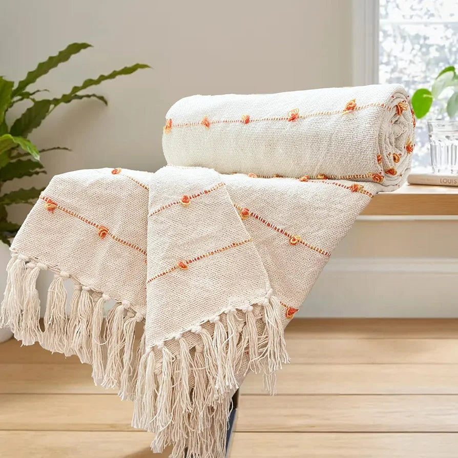 Sajavat Home Hand Knitted Pure Cotton 3 Seater Sofa Throw Colour Beige & Royal Orange