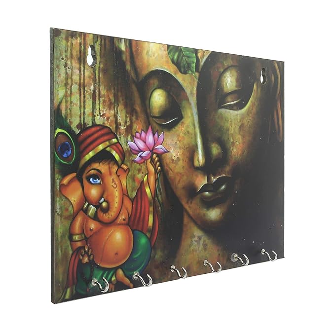 Ecraftindia Lord Ganesha Theme Wooden Key Holder With 6 Hooks