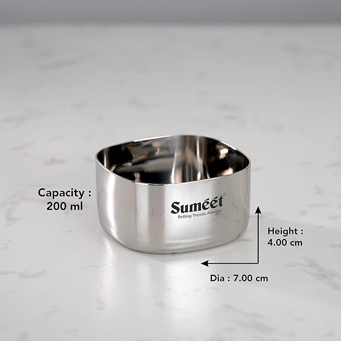 Sumeet Heavy Gauge Stainless Steel Square Bowl Set of 6pc 200 ml Each Silver
