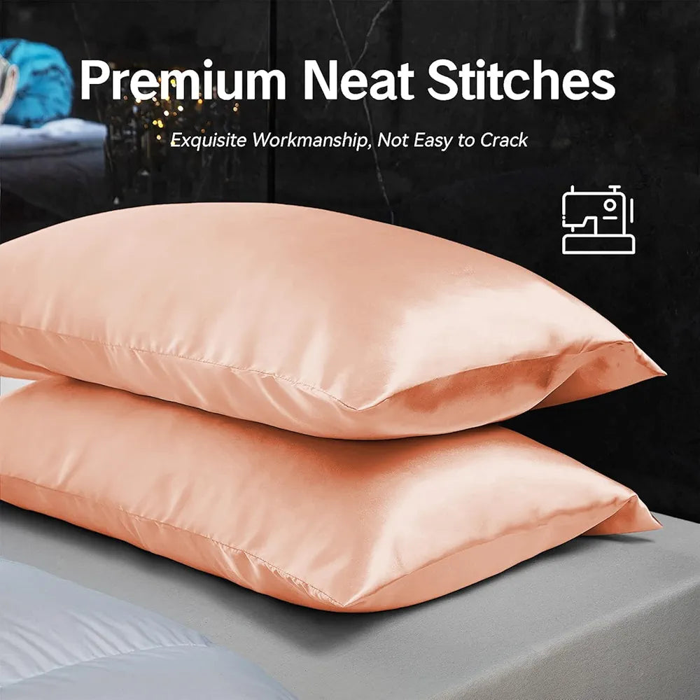 Cloth Fusion Satin Pillow Cover Set of 2 Pillow case with 3 Satin Soft Scrunchies Peach Colour