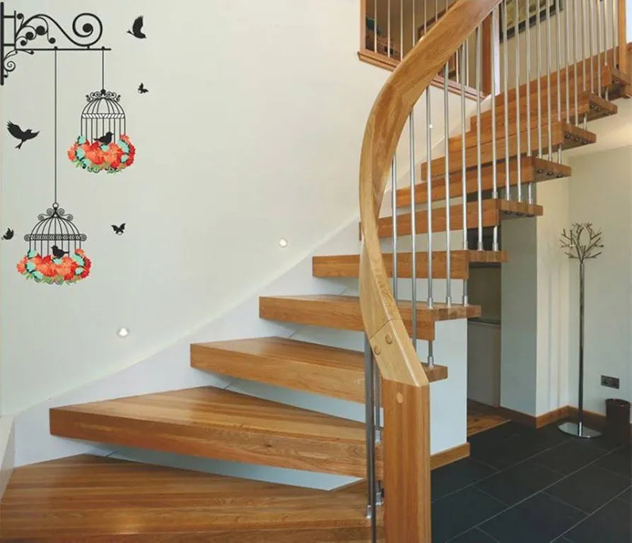 Decals Design Hanging Birds Cage with Flowers Wall Sticker