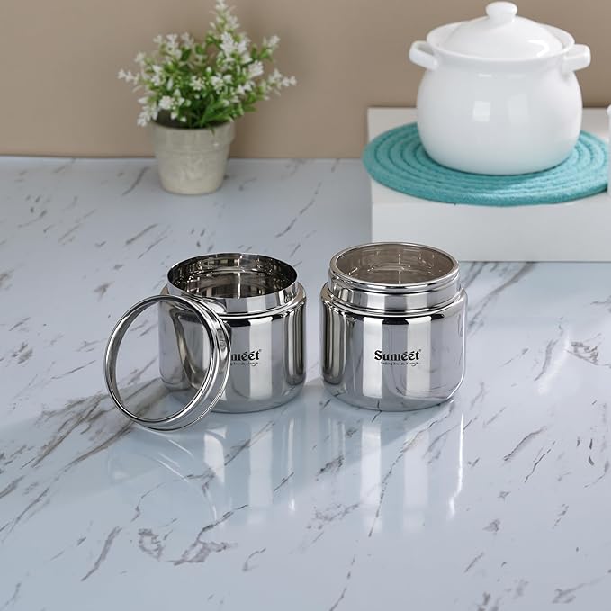 Sumeet Stainless Steel Small Storage Containers Lid Set of 2 Pcs 400ml Each 9cm Silver