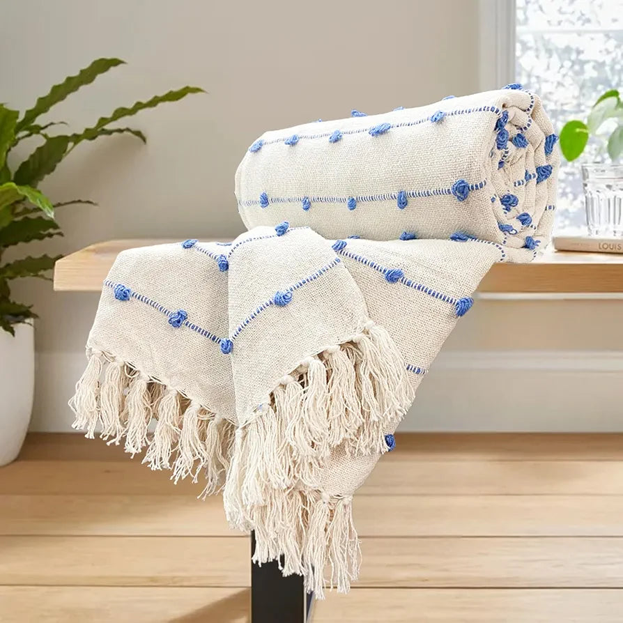 Sajavat Home Hand Knitted Pure Cotton Sofa Throw Colour Beige & Blue