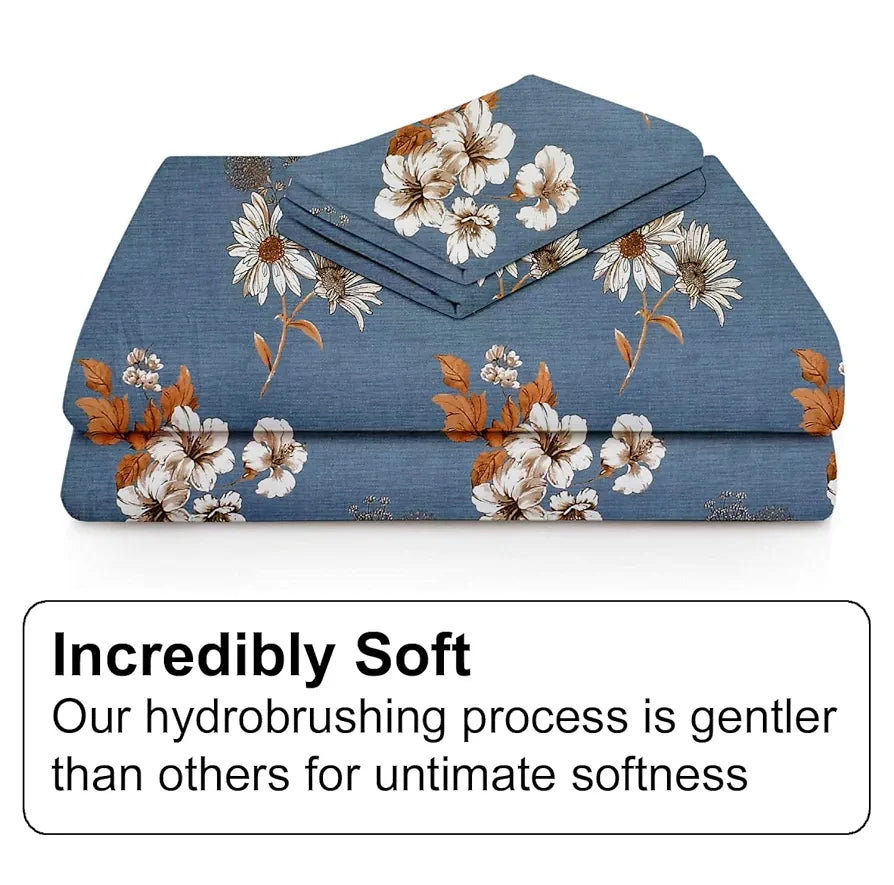 Fresh From Loom Floral Print Single Bed Bedsheet Set Microfiber 240 TC 1 Pillow Covers Soft-Cyan