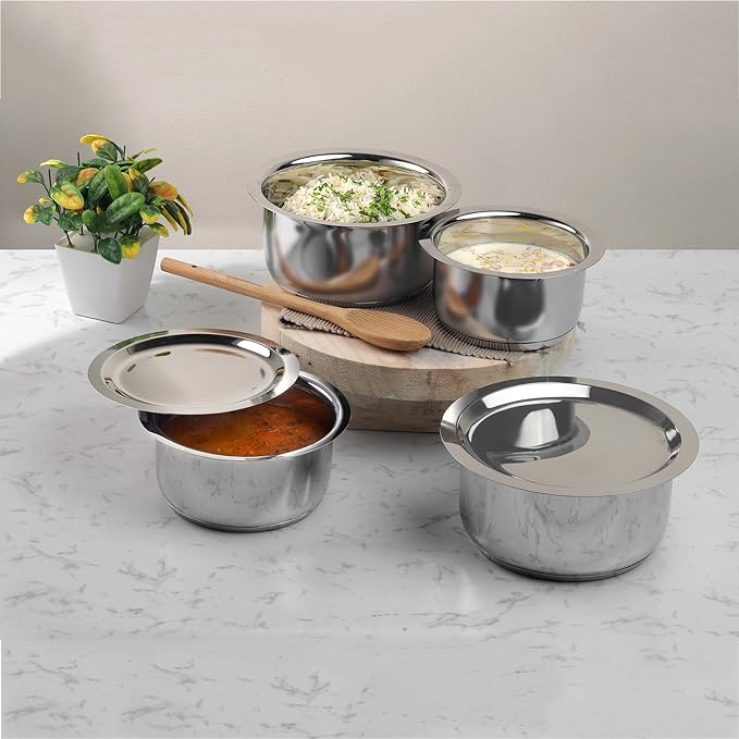 Vinod Stainless Steel 3 pc Tope Set with Capacity of 1 litres, 1.4 litres & 1.8 litres with Stainless Steel Lids