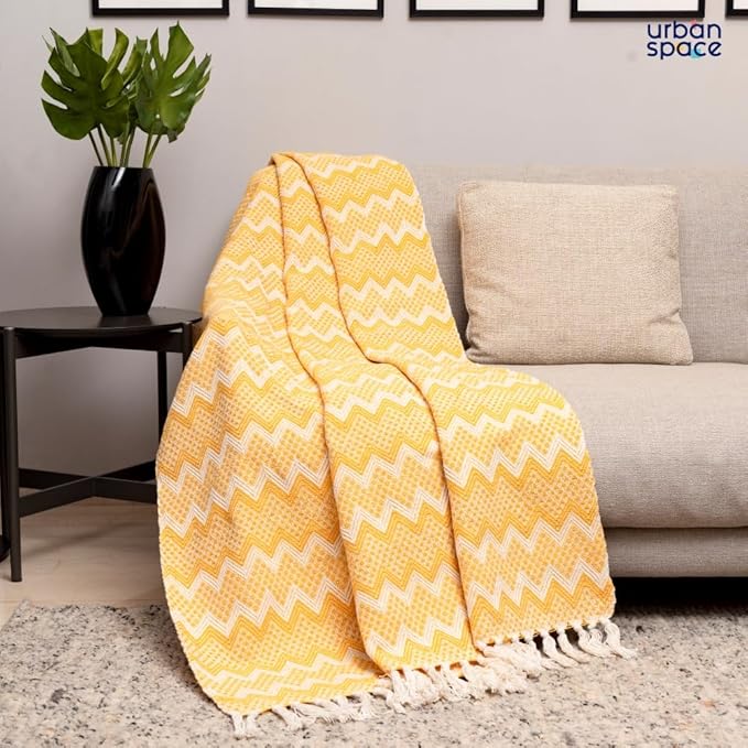 Urban Space Handmade Pure Cotton Sofa Throw Blanket Soft Decorative Throw for Living Room Colour Geometric Yellow