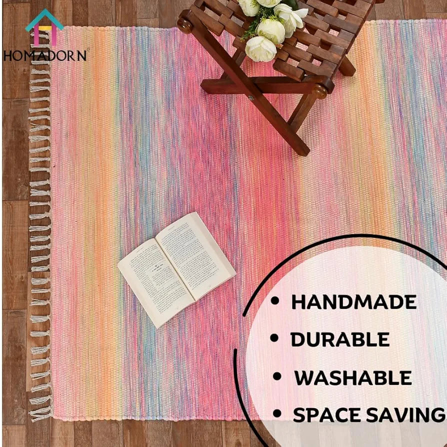 HomadornHandmade Sustainable Printed Modern Dhurrie/Rugs/Carpet Colour Multicolor 019