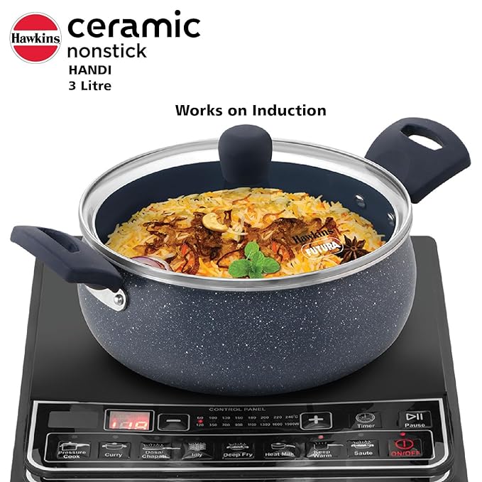 Hawkins Ceramic Nonstick Handi with Glass Lid 3 litre Induction Granite Casserole