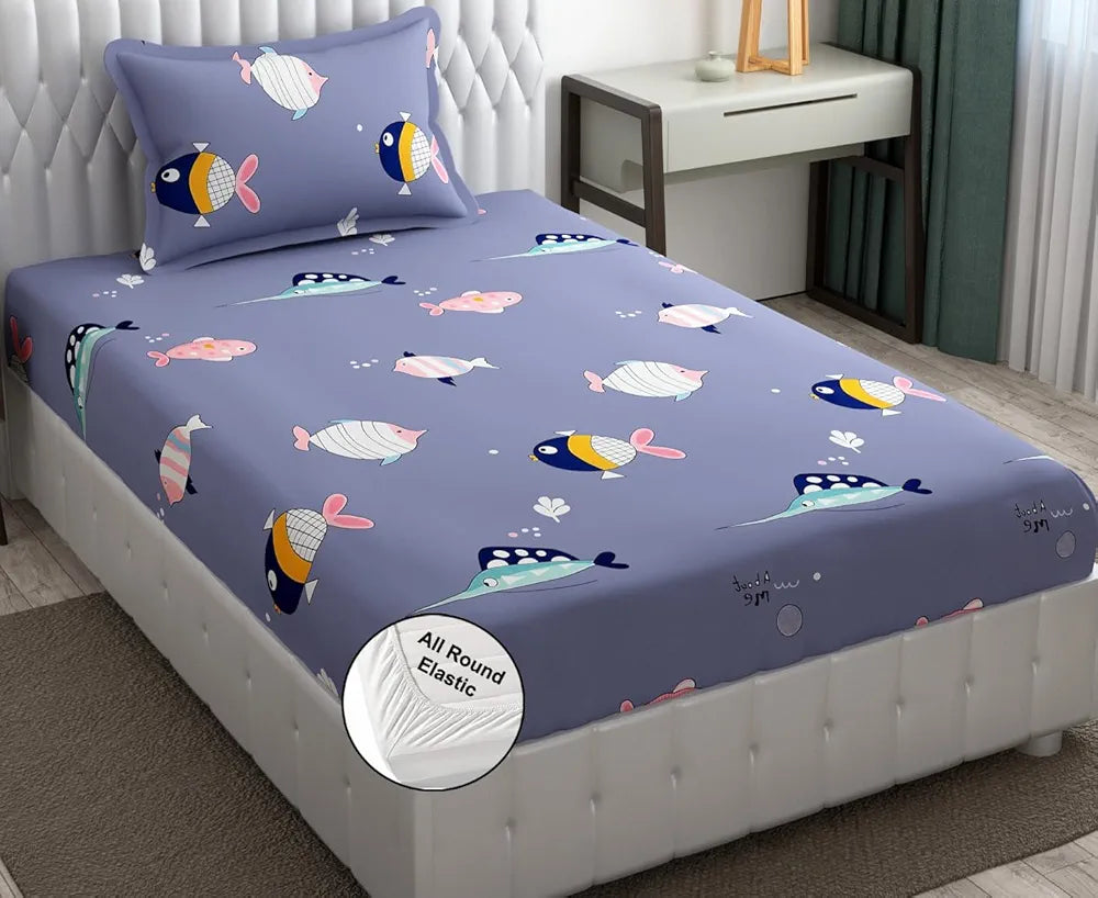 Fresh From Loom Glace Cotton 300 tc Wrinkle Elastic Fitted Cartoon Printed Bedsheets for Kids with 1 Pillow Fish Blue Smallsingle