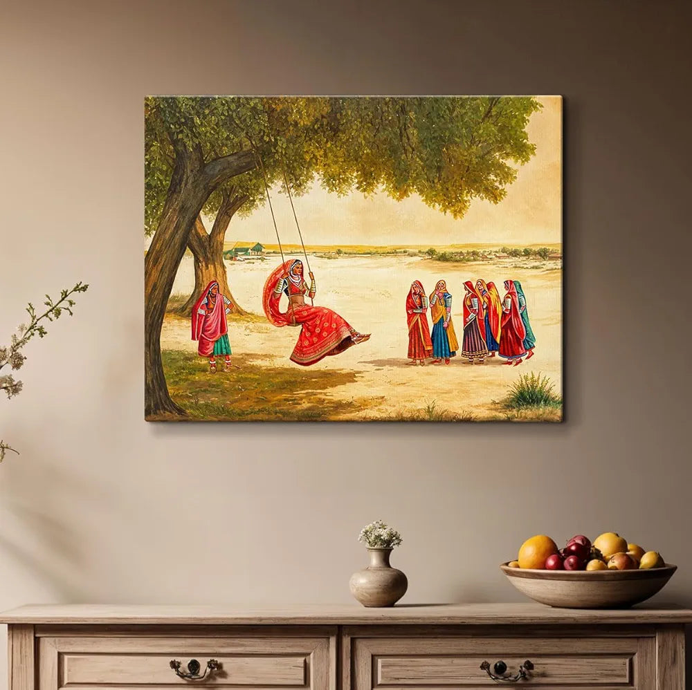 ArtX Paper Women on Swing Indian Village Scene AXDMD-0103-VIL Nature Wall Art Painting