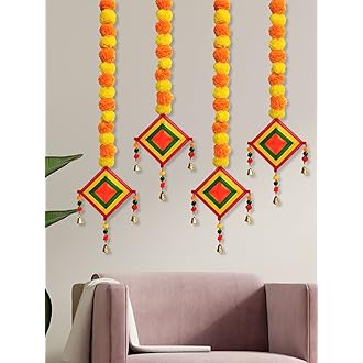 Handmade Artificial Marigold Fluffy Flowers Colorful Woolen Kite Bells Hangings 39 Inches Pack of 6