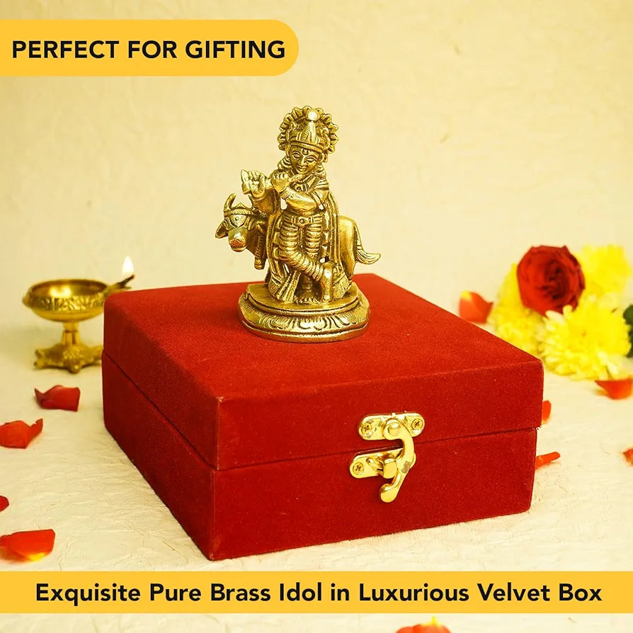 Ekhasa Pure Brass Krishna Murti in Luxury Red Velvet Gift Box God Idols